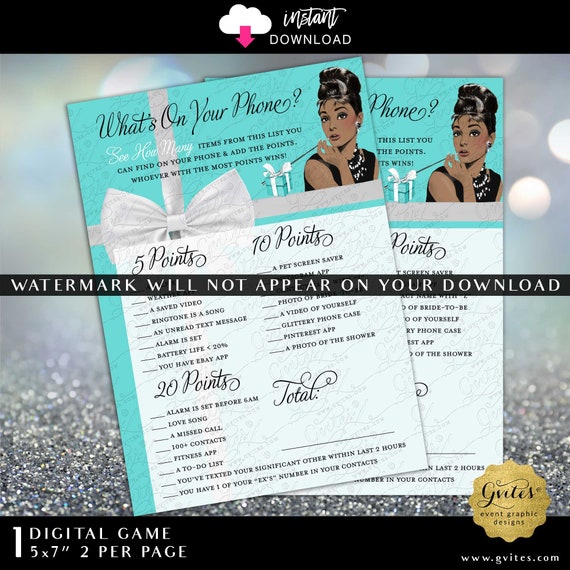Breakfast at Bridal Game Card | Printable What's On Your Phone African American Audrey Hepburn | 5x7" Instant Download