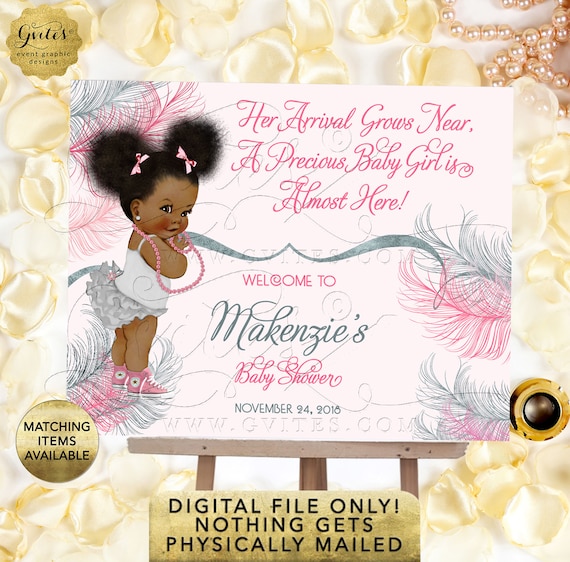 Welcome Baby Pink and Silver Baby Shower Sign / Afro Puffs Vintage African American Baby Girl. Printable/Digital File Only!