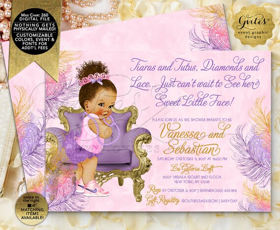 Purple and Pink Gold Baby Shower/ African American Princess Invites/ Afro Bun Puffs Tiara Digital file/ Printable/ 7x5" Double Sided