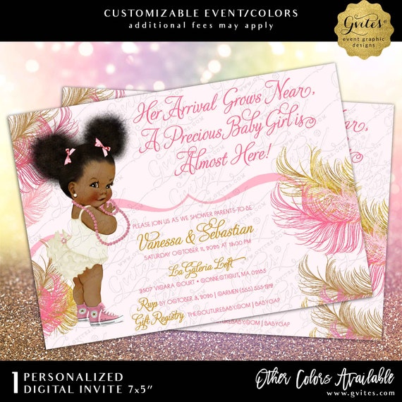 Pink Ivory & Gold Baby Girl Vintage Baby Shower Invitation. Afro Puffs Pink Bows. Digital JPG + PDF