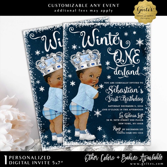 Winter ONEderland Birthday Invitation/ African American Ice Blue Prince Vintage Blue Pants Plaid Printable 5x7".