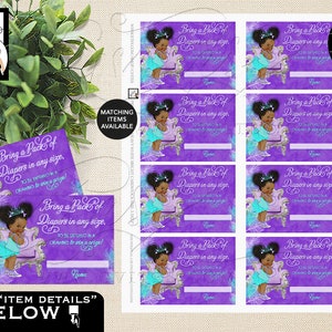 Afro Puffs African American {2 Per Sheet 5.25 x 5.75} Tiara Princess Baby Shower Candy Bar Wrapper Purple Lavender Aqua Turquoise