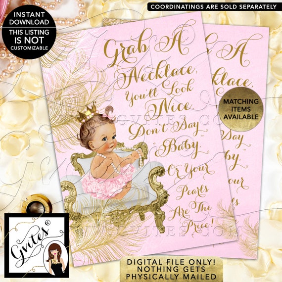 Don't Say Baby Pearl Games Princess Baby Shower Vintage/ 3 Skin Tones/ Little Princess Baby Pink Dress Gold Crown Pearl Necklace