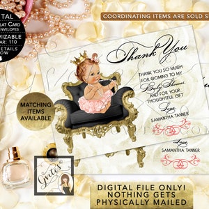 Perzik en zwart babyshower bedankkaarten prinses | Alleen afdrukbaar/digitaal bestand! JPG- en pdf-indeling | By Gvites {5 x 3,5 inch, 4 per vel}