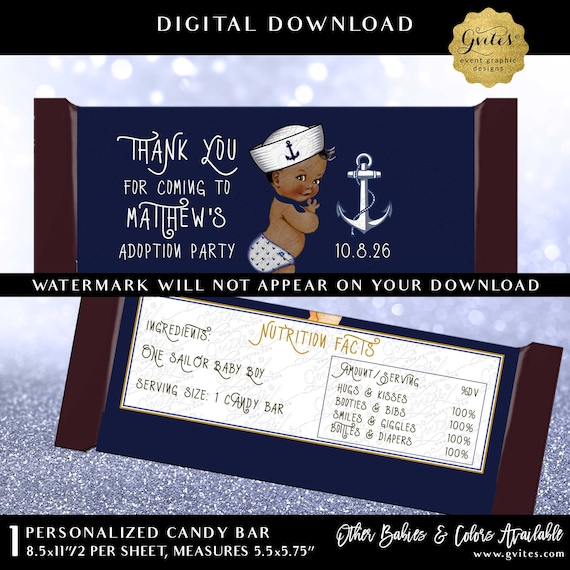 Custom Nautical Chocolate Candy Bar Wrapper Adoption Party | Navy Blue and White Printable