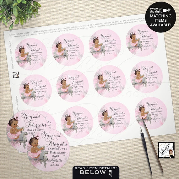 Pink Silver Princess Party Stickers African American Baby Vintage Digital/Printable JPG + PDF