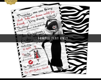 It's a Lingerie Shower & Bachelorette Party Printable Template - Audrey Hepburn Black White Zebra Animal Print. 5x7" JPG