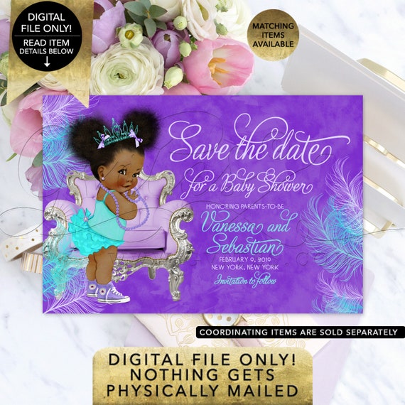 Purple Lavender Blue Save The Date Baby Shower | Tiara Princess Printable | Afro Puffs African American Vintage 7x5" Gvites. Il_570xn