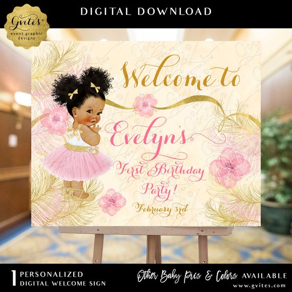 Welcome First Birthday Party Sign Blush Pink Ivory Gold Ballerina Pink Gold Ethnic Girl