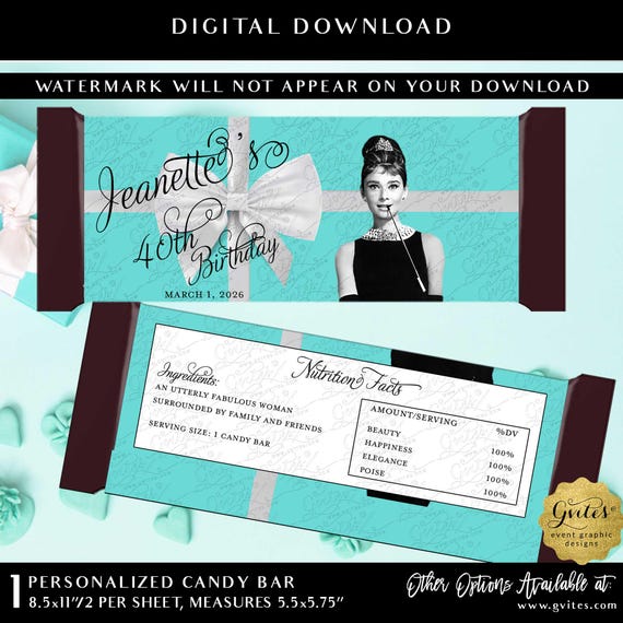 Custom Audrey Hepburn Party 40th Birthday Candy Bar Hershey Chocolate Wrappers | Breakfast at Blue theme party Favors | Digital Download