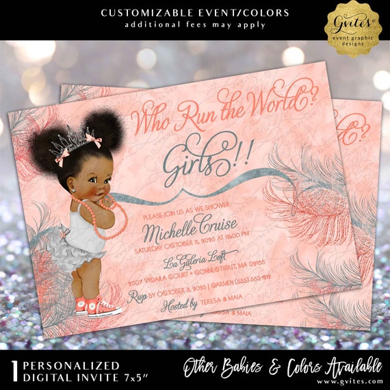 Who Run the World? Girls Baby Shower Invitation | Glittery Feathers Coral and Silver Afro Puffs Princess