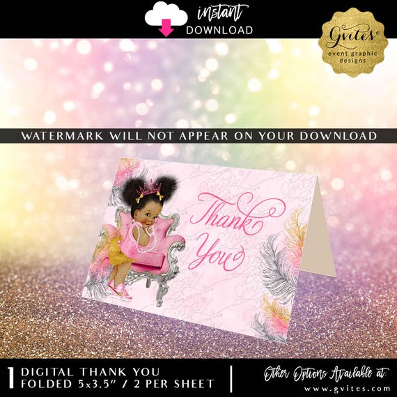 Afro Puffs Thank You Baby Shower Pink & Gold Silver Watercolor Glitter Feathers Printable Digital INSTANT Download