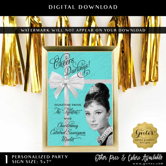 Personalized Drink Menu | Bar Sign Audrey Hepburn Theme Table Decoration 5x7" Printable File.