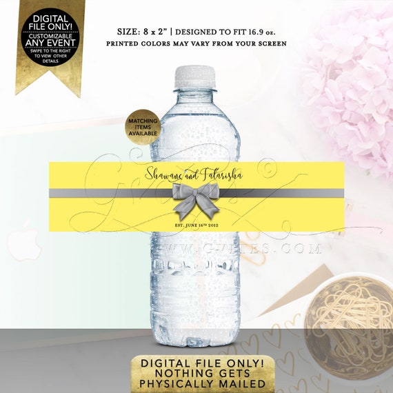 Personalized Water Bottle Labels Anniversary Labels Party Favors Yellow Silver | Printable Digital PDF + JPG Format