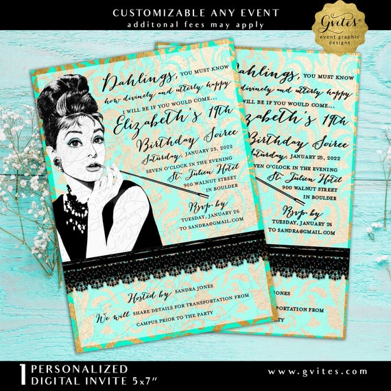 Personalized Audrey Hepburn 19th Birthday Soiree Printable | Mint Green and Gold Black Lace Ribbon 5x7" Digital Download