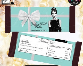 Audrey Hepburn & Co Candy Bar Wrapper Labels Turquoise Silver White Ribbon Bow Vintage Woman | PRINTABLE party favors