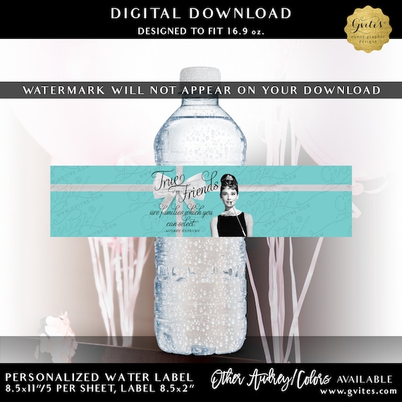 Custom Quote Audrey Hepburn Water Bottle Labels Breakfast Theme Printable | Digital File Only! JPG + PDF