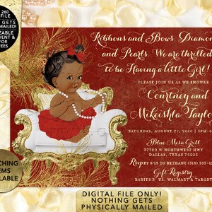 Red and Gold Baby shower invitations African American ribbons bows diamonds pearls/ vintage girl tutu invite digital. 7x5 Gold Feathers image 10