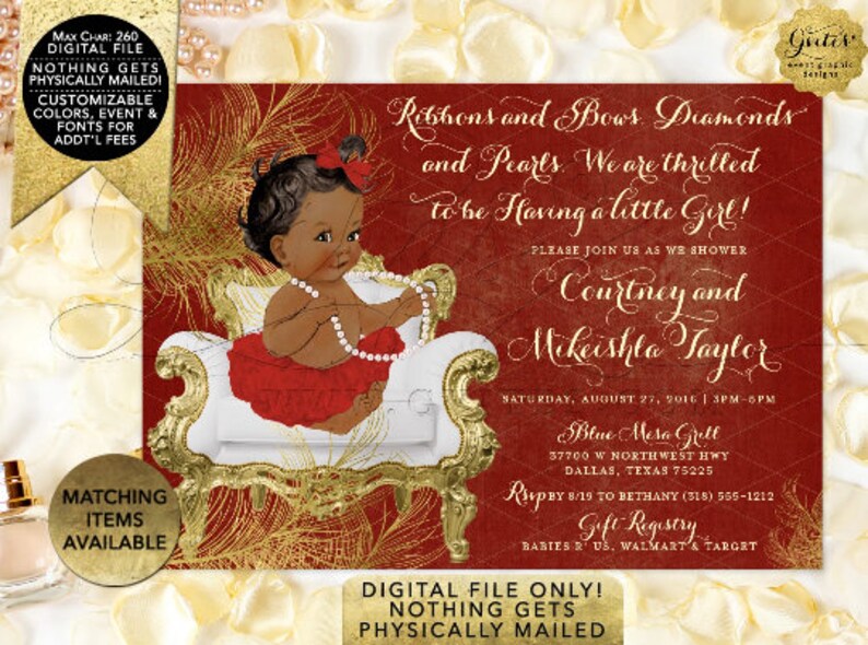 Red and Gold Baby shower invitations African American ribbons bows diamonds pearls/ vintage girl tutu invite digital. 7x5 Gold Feathers image 10