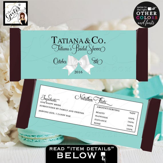 Candy Bar Wrapper bridal shower wrappers/ Breakfast at Bride and Co labels Customizable colors & text.  {2 Per/ Sheet 5.25 x 5.75"}