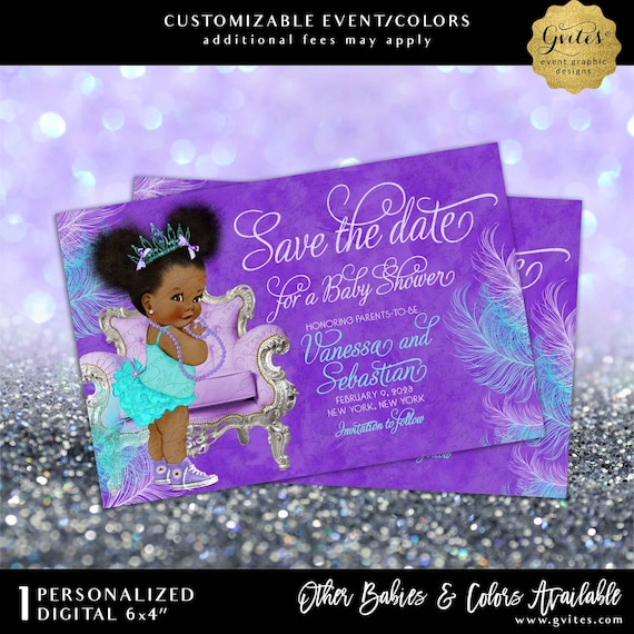 Purple Turquoise Lilac Afro Puffs Princess Save The Date 6x4" Digital/Printable