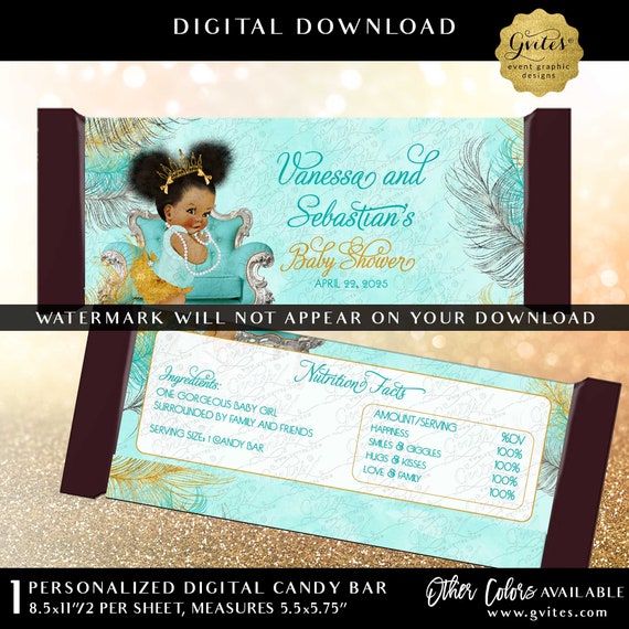 Chocolate Candy Bar Wrapper | Sparkly Feathers Turquoise Blue & Lava Gold and Silver Afro Puffs Princess Baby Shower | Printable/Digital