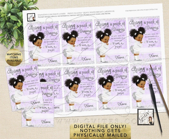 Diaper Raffle Tickets Baby Shower Lavender and Silver its cold outside African American Afro Puffs Curly Vintage Baby/ 3.5x2.5" 8 Per Sheet.