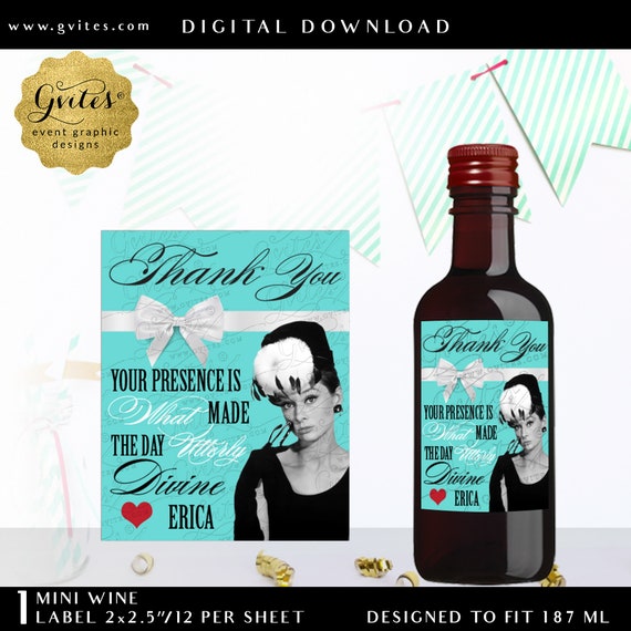 Breakfast at Wine Favor Labels | Your presence is what made the day utterly divine Thank You Custom Audrey Hepburn 2x2.5" 12 Per/Sheet.
