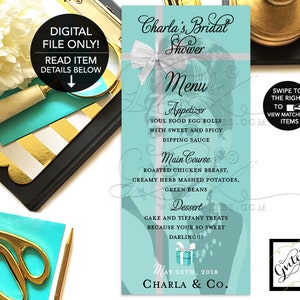 Audrey Hepburn  Menu Cards, Breakfast at Bridal and Co Blue Bridal Shower Menus Printable, Menus, Personalized, 4x9" DIGITAL. Gvites