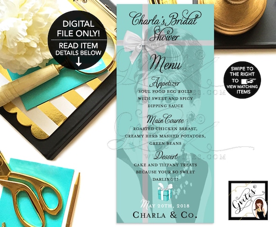 Audrey Hepburn  Menu Cards, Breakfast at Bridal and Co Blue Bridal Shower Menus Printable, Menus, Personalized, 4x9" DIGITAL. Gvites