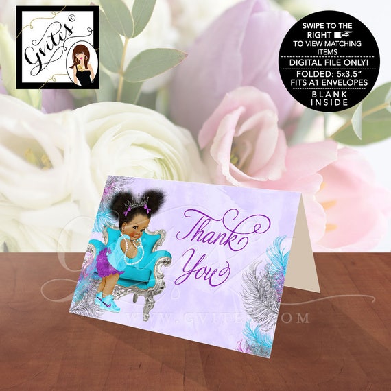 Rhinestones Pearls Lilac-Purple Silver Aqua-Blue Watercolor Feathers Baby Shower Thank You Card by Gvites