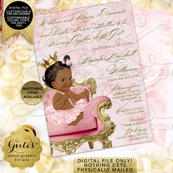 Blush Pink & Gold Princess Invitations Baby Shower/ African American Vintage Theme. Digital/ Printable/ JPG/ PDF 5x7"