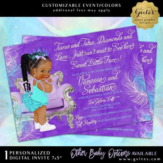 Turquoise Lavender White Baby Shower Printable Invitation | Tiaras Tutus Diamonds & Lace Theme | Digital File 7x5" JPG + PDF