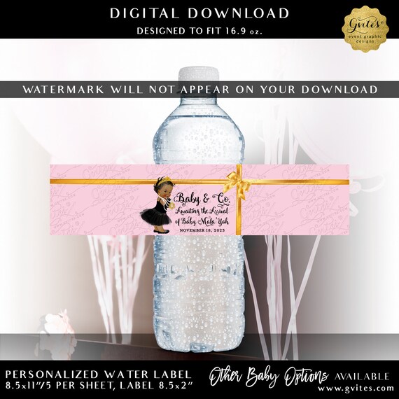 Awaiting the Arrival Baby & Co Water Bottle Labels Party Favors Thank You Gifts | Rose Pink Gold Ribbon | Digital File JPG + PDF