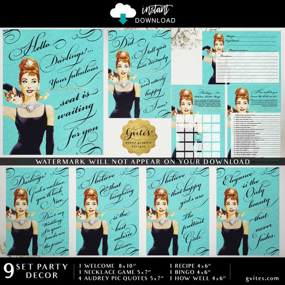 Audrey Hepburn Party Quote Printable Package Set of 9 | Welcome Sign/Pearl Necklace Game/Recipe Card/Bridal Bingo/How Well Do You Know