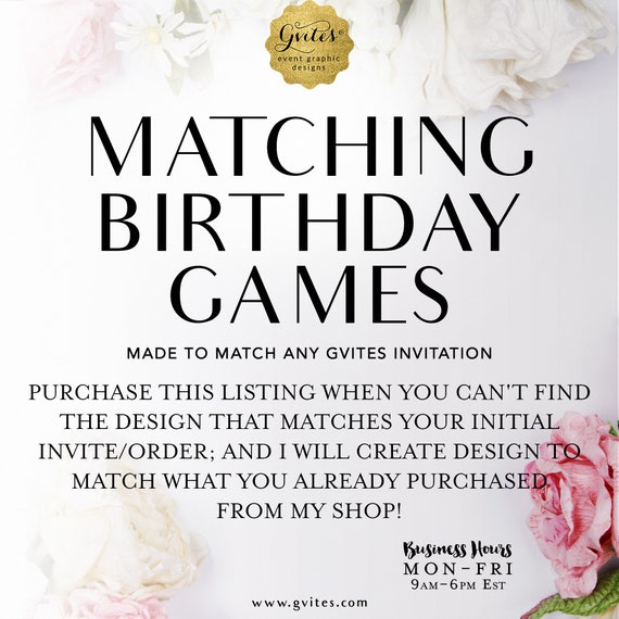 Matching Birthday Printable Games Add-on - To Coordinate with any Gvites invitation design.