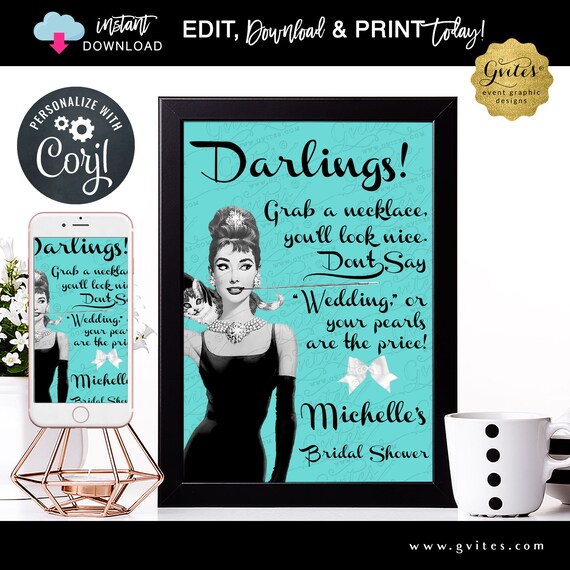 Bridal Shower Pearl Necklace Game Sign - Audrey Hepburn PERSONALIZED Don't Say Wedding. 8x10" INSTANT DOWNLOAD. Edit With Corjl