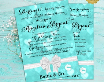 Unique Bride & Co Turquoise Blue Heart Bokeh Printable Invitation 5x7" Digital Download
