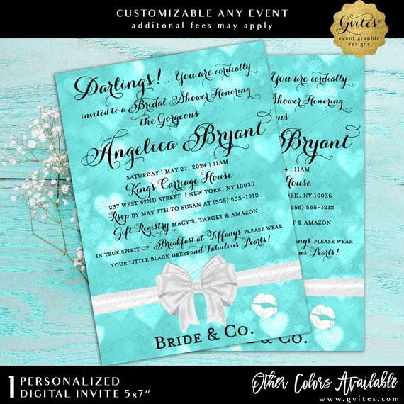 Unique Bride & Co Turquoise Blue Heart Bokeh Printable Invitation 5x7" Digital Download