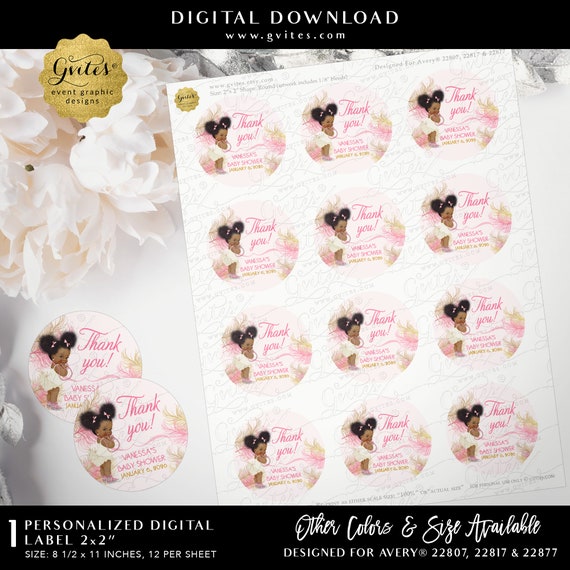 Pink Ivory Gold Thank You Labels Round Stickers Baby Shower Afro Puffs Baby Girl 2x2" Digital