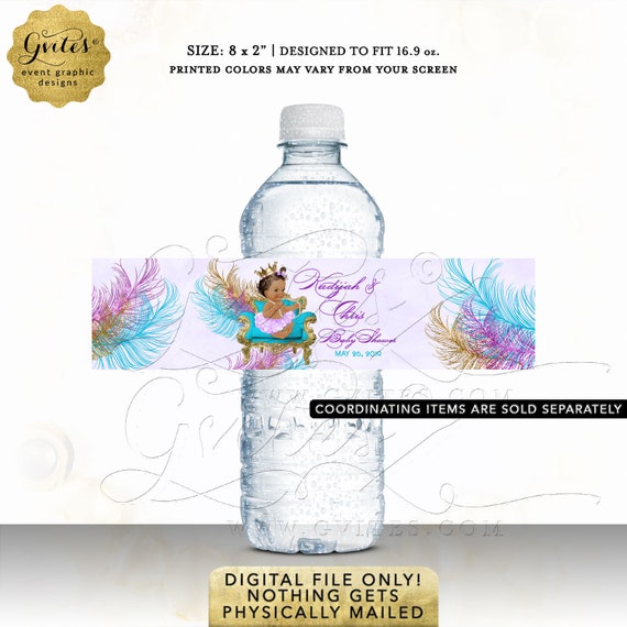 Lavender/Turquoise Water Bottle Labels Teal Blue Purple Gold Peacock Baby Shower Party Favors Princess Vintage Girl | Digital PDF + JPG