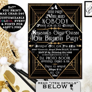 The Great Gatsby Teen Birthday Invitation | Black & Gold/ Art Deco Design Invite