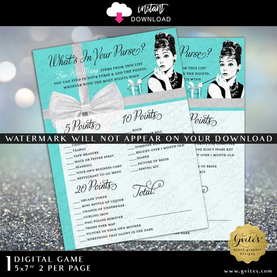 What's in your purse Audrey Hepburn Bridal Shower Game Card Printable.