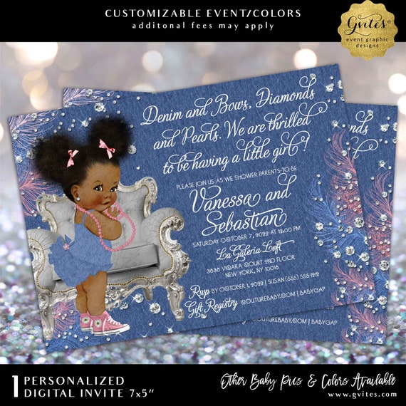 Denim and diamonds baby shower invitation. Bows ribbons and pearls African American girl pink blue Afro Puffs