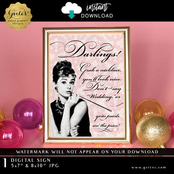 Pearl Necklace Game Sign 5x7" & 8x10" Instant Download Audrey Hepburn Bridal Wedding Shower