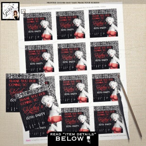 Thank you gift labels/ 60th Marilyn Monroe party stickers for party favors. Old Hollywood style 2x2&quot; {Designed Avery® 22806/ 22816}