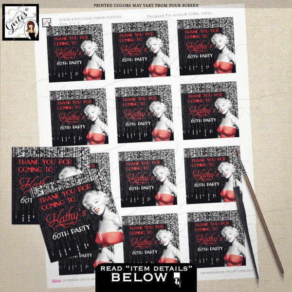 Thank you gift labels/ 60th Marilyn Monroe party stickers for party favors. Old Hollywood style 2x2" {Designed Avery® 22806/ 22816}