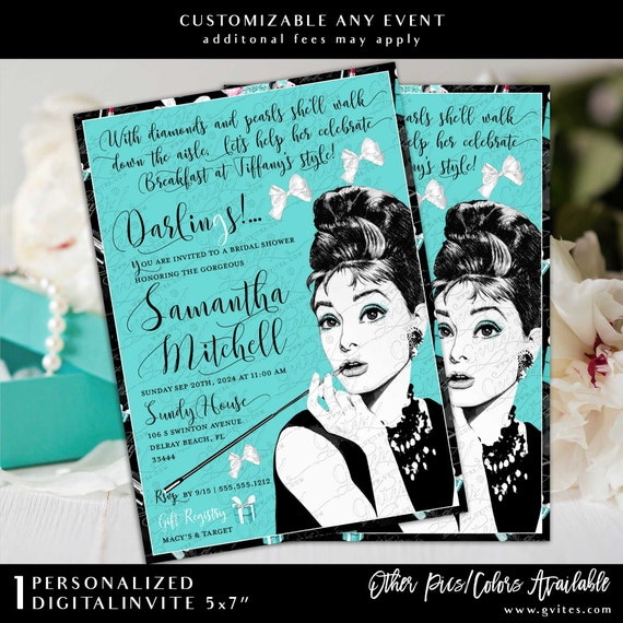 Audrey Hepburn Diamonds and Pearls Bridal Shower Invitations DIY/ Printable. 5x7"