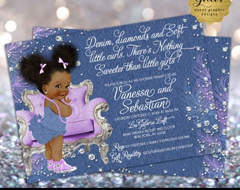 Invitación imprimible de Denim Diamonds Lavender Baby Shower / Púrpura Azul y Plata / Pelo Natural Afro Puffs con Cinta