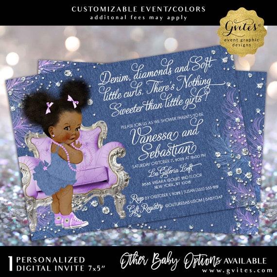 Denim Diamonds Lavender Baby Shower Printable Invitation | Purple Blue and Silver | Natural Hair Afro Puffs with Ribbon
